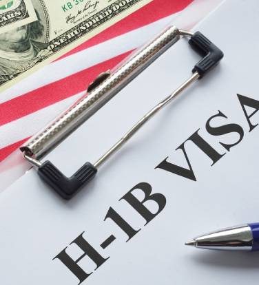 H-1B Visa is shown using a text and flag of USA with dollars. H1b visa for foreign workers