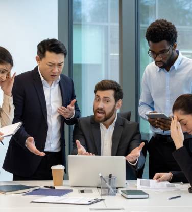A diverse group of colleagues express frustration around a table with a laptop